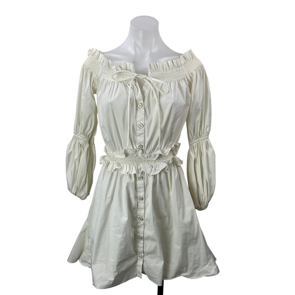 Caroline Constas White Long Puff Sleeves Off The Shoulder Peasant Mini Dress S